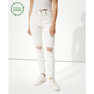 American Eagle Mom Jeans Ivory White Distressed Super High Rise Denim 12 Women’s